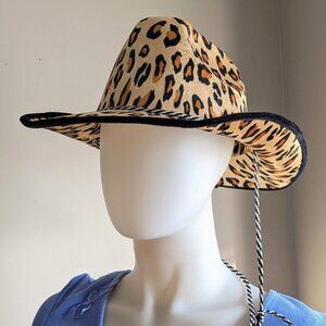 Fuzzy Leopard Print Cowboy Hat with string